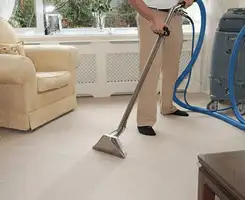 Carpet cleaning professional removing dirt and stains with a hot-water extraction tool in a home, Sarasota, FL.
