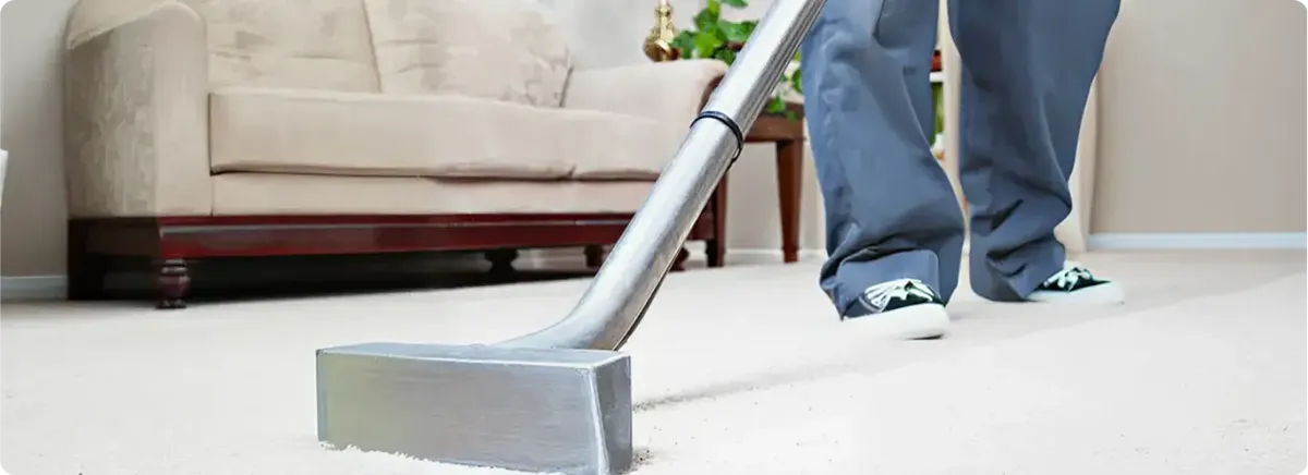 Carpet cleaning technician using a hot-water extraction wand on a light-colored carpet in a living room, Sarasota, FL.
